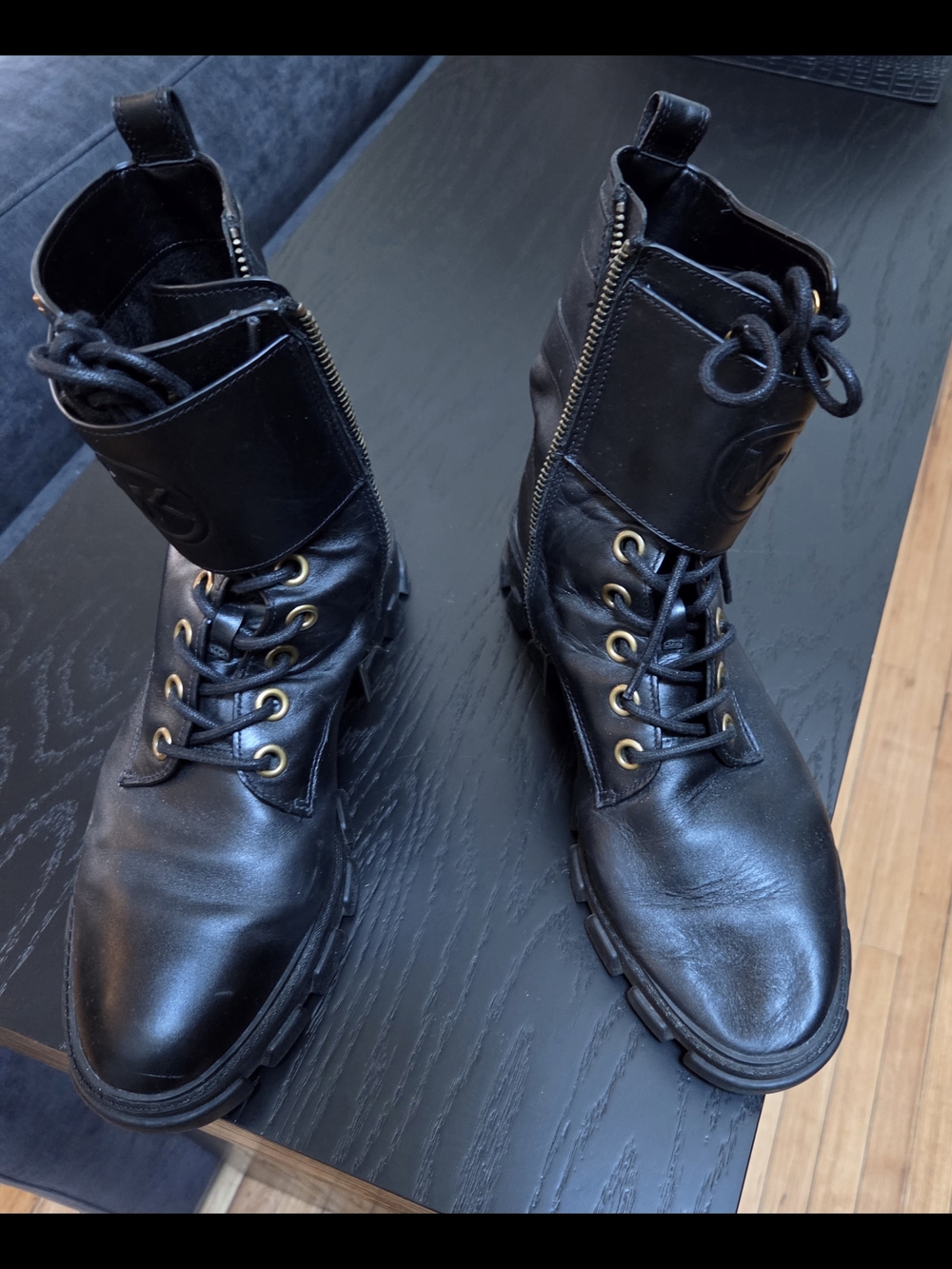 MICHAEL Michael Kors Black Leather Combat Boots with Side Zipper